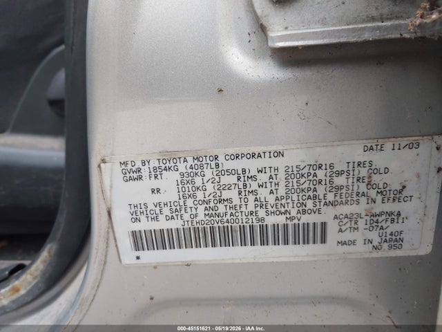 45151621 :رقم المزاد ، JTEHD20V640012198 vin ، 2004 Toyota Rav4 مزاد بيع