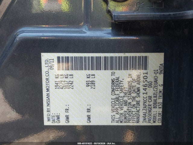 Aukcja sprzedaży 2012 Nissan Altima 2.5 S, vin: 1N4AL2APXCC146501, numer aukcji: 45151622