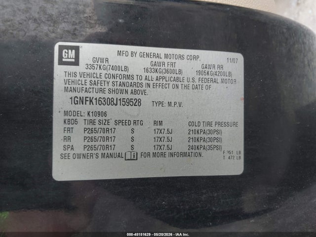 Aukcja sprzedaży 2008 Chevrolet Suburban 1500 Lt, vin: 1GNFK16308J159528, numer aukcji: 45151629