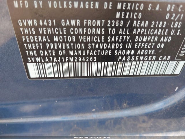 2015 Volkswagen Jetta 2.0l Tdi S მანქანა იყიდება აუქციონზე, vin: 3VWLA7AJ1FM294263, აუქციონის ნომერი: 45151636