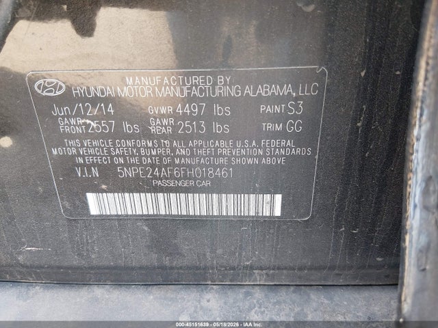 Продажа на аукционе авто 2015 Hyundai Sonata Se, vin: 5NPE24AF6FH018461, номер лота: 45151639