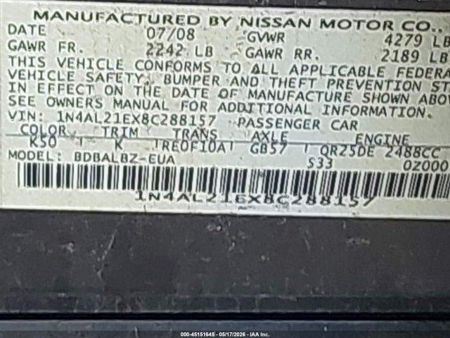 45151645 :رقم المزاد ، 1N4AL21EX8C288157 vin ، 2008 Nissan Altima 2.5 S مزاد بيع