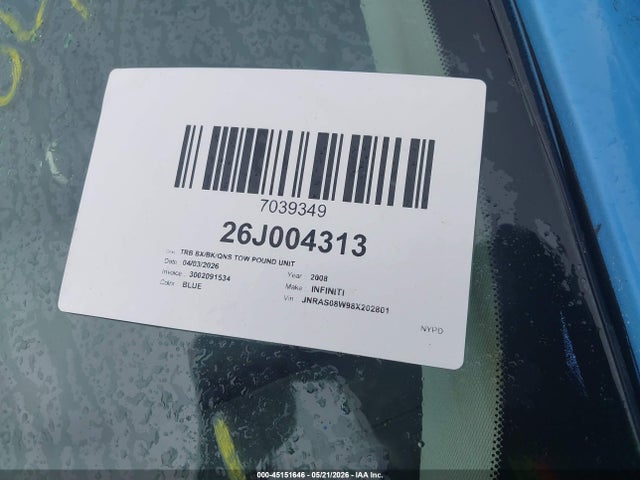 45151646 :رقم المزاد ، JNRAS08W98X202801 vin ، 2008 Infiniti Fx35 مزاد بيع