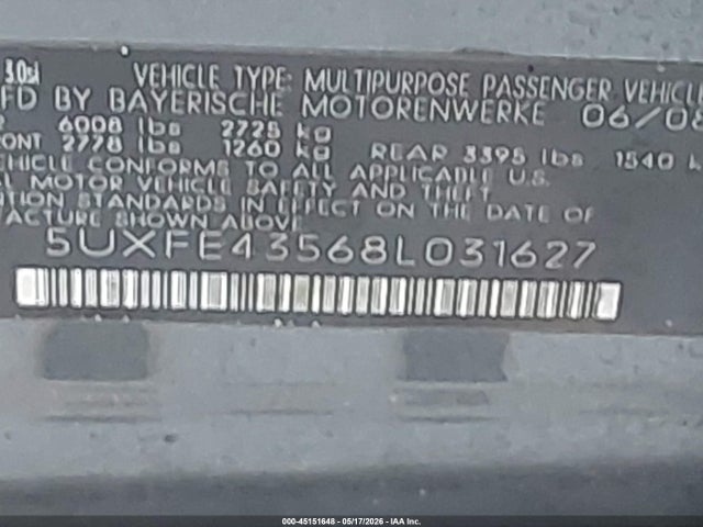 Aukcja sprzedaży 2008 Bmw X5 3.0si, vin: 5UXFE43568L031627, numer aukcji: 45151648
