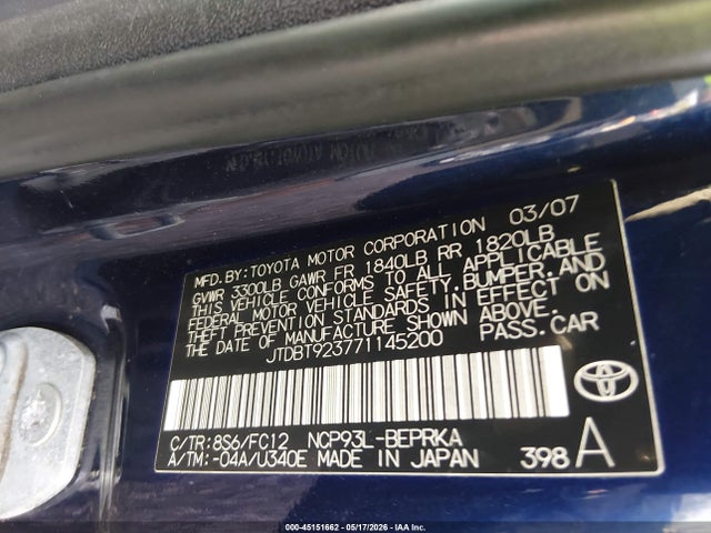2007 Toyota Yaris მანქანა იყიდება აუქციონზე, vin: JTDBT923771145200, აუქციონის ნომერი: 45151662