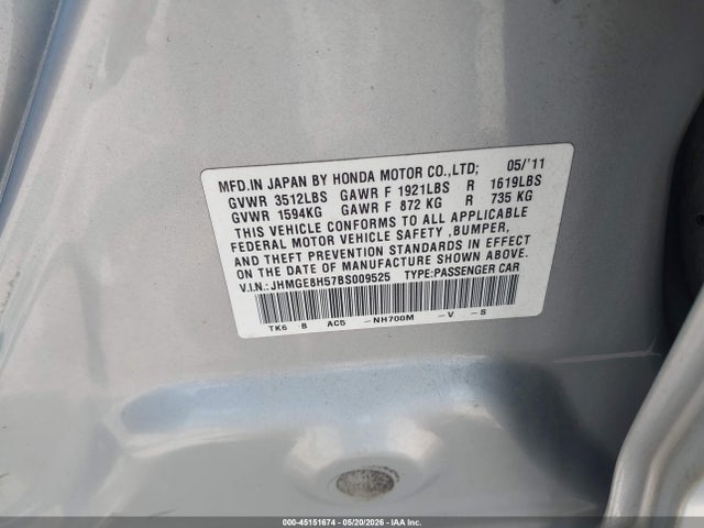 Продаж на аукціоні авто 2011 Honda Fit Sport, vin: JHMGE8H57BS009525, номер лоту: 45151674