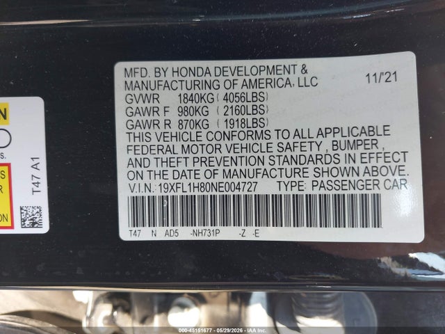 Aukcja sprzedaży 2022 Honda Civic Sport Touring, vin: 19XFL1H80NE004727, numer aukcji: 45151677