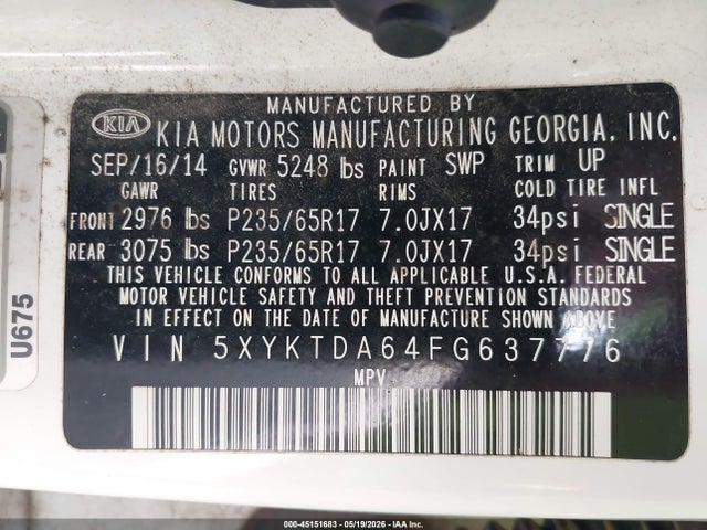 Продажа на аукционе авто 2015 Kia Sorento Lx, vin: 5XYKTDA64FG637776, номер лота: 45151683