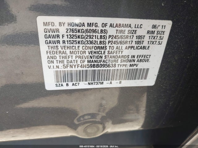 Продажа на аукционе авто 2011 Honda Pilot Ex-l, vin: 5FNYF4H59BB095638, номер лота: 45151684