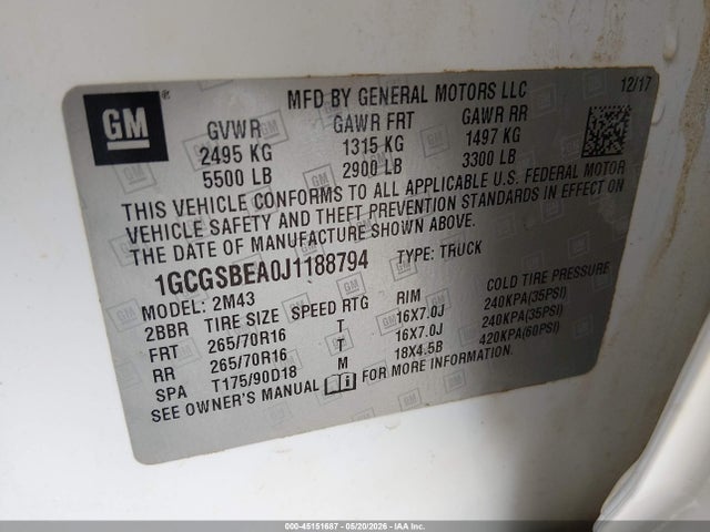 Chevrolet Colorado Wt 2018 1GCGSBEA0J1188794 Image 9