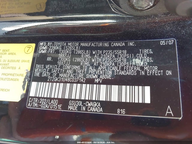 45151688 :رقم المزاد ، 2T2GK31U48C037142 vin ، 2008 Lexus Rx 350 مزاد بيع