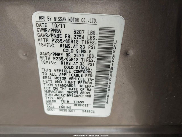 Aukcja sprzedaży 2012 Nissan Murano Sl, vin: JN8AZ1MW8CW205666, numer aukcji: 45151689