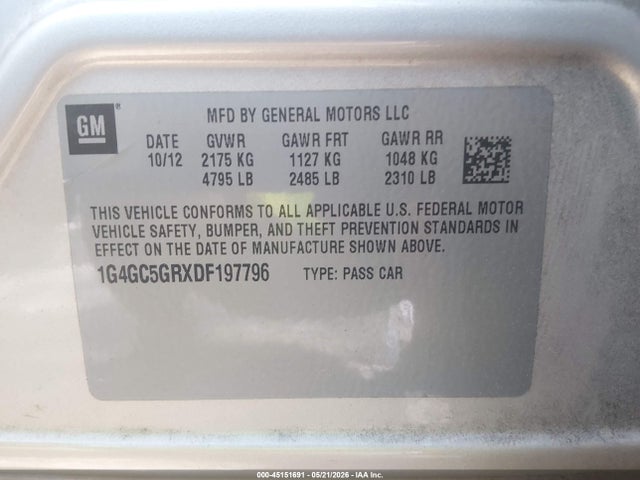 45151691 :رقم المزاد ، 1G4GC5GRXDF197796 vin ، 2013 Buick Lacrosse Leather Group مزاد بيع