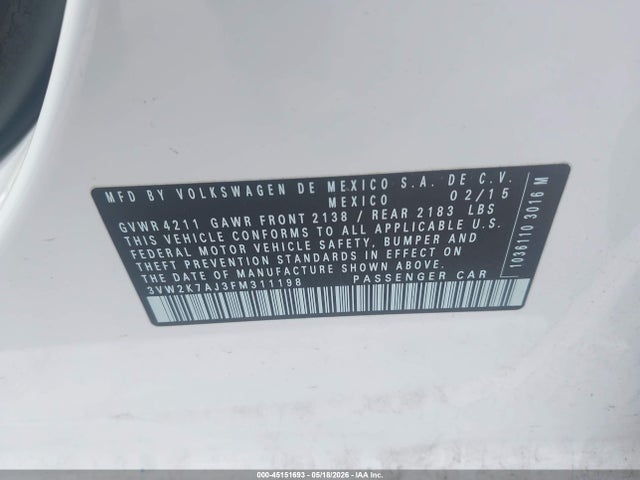 Продаж на аукціоні авто 2015 Volkswagen Jetta 2.0l S, vin: 3VW2K7AJ3FM311198, номер лоту: 45151693