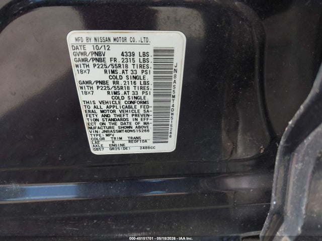 45151701 :رقم المزاد ، JN8AS5MT4DW515266 vin ، 2013 Nissan Rogue Sv W/sl Pkg مزاد بيع