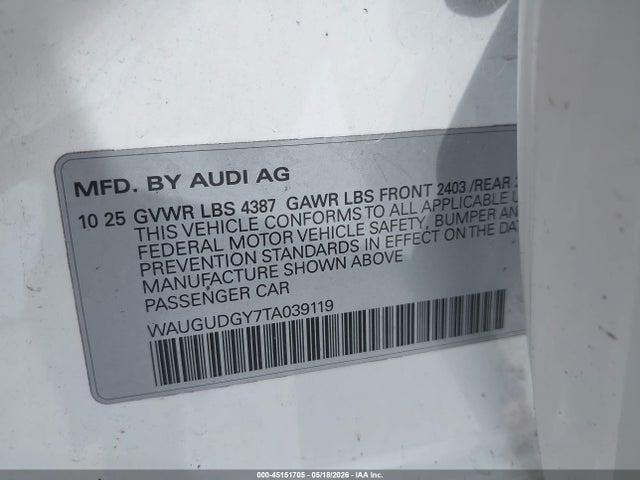 Продажа на аукционе авто 2026 Audi A3 Premium 40 Tfsi Quattro S Tronic, vin: WAUGUDGY7TA039119, номер лота: 45151705
