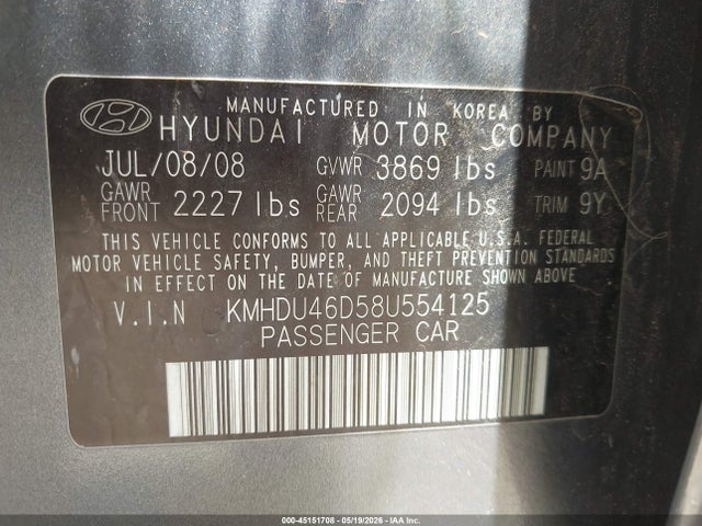 Продажа на аукционе авто 2008 Hyundai Elantra Gls/se, vin: KMHDU46D58U554125, номер лота: 45151708
