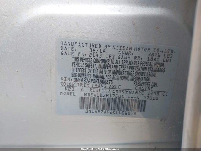 45151711 :رقم المزاد ، 3N1AB7AP2KL606878 vin ، 2019 Nissan Sentra Sv مزاد بيع