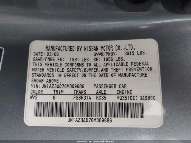 Продаж на аукціоні авто 2006 Nissan 350z Touring, vin: JN1AZ34D76M309686, номер лоту: 45151714