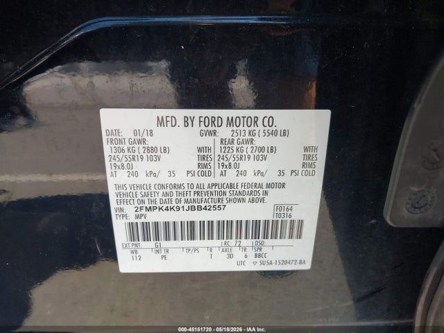 Aukcja sprzedaży 2018 Ford Edge Titanium, vin: 2FMPK4K91JBB42557, numer aukcji: 45151720