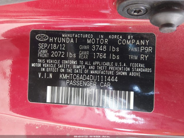 2013 Hyundai Veloster Base W/black მანქანა იყიდება აუქციონზე, vin: KMHTC6AD4DU111444, აუქციონის ნომერი: 45151723