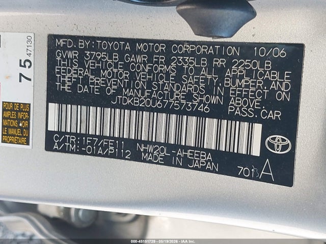 45151729 :رقم المزاد ، JTDKB20U677573746 vin ، 2007 Toyota Prius مزاد بيع