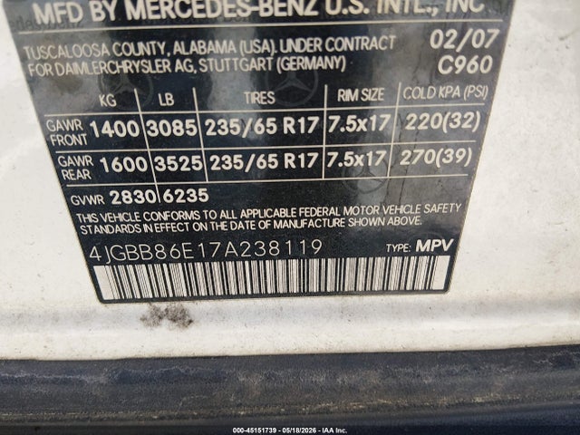 Aukcja sprzedaży 2007 Mercedes-benz Ml 350 4matic, vin: 4JGBB86E17A238119, numer aukcji: 45151739