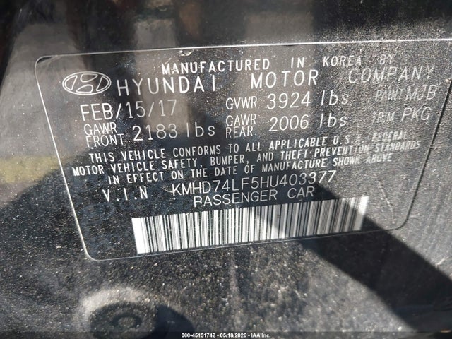 45151742 :رقم المزاد ، KMHD74LF5HU403377 vin ، 2017 Hyundai Elantra Se مزاد بيع