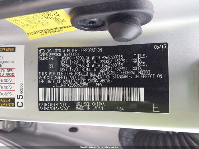 45151746 :رقم المزاد ، JTJJM7FX2D5062088 vin ، 2013 Lexus Gx 460 Premium مزاد بيع