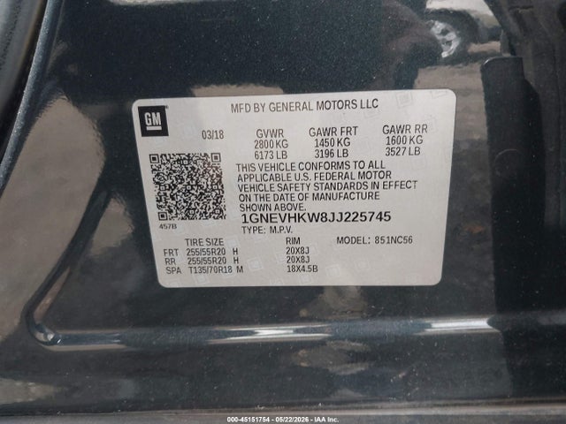 Aukcja sprzedaży 2018 Chevrolet Traverse 3lt, vin: 1GNEVHKW8JJ225745, numer aukcji: 45151754
