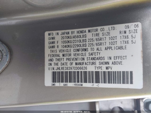 Продаж на аукціоні авто 2007 Honda Cr-v Lx, vin: JHLRE38397C006626, номер лоту: 45151755