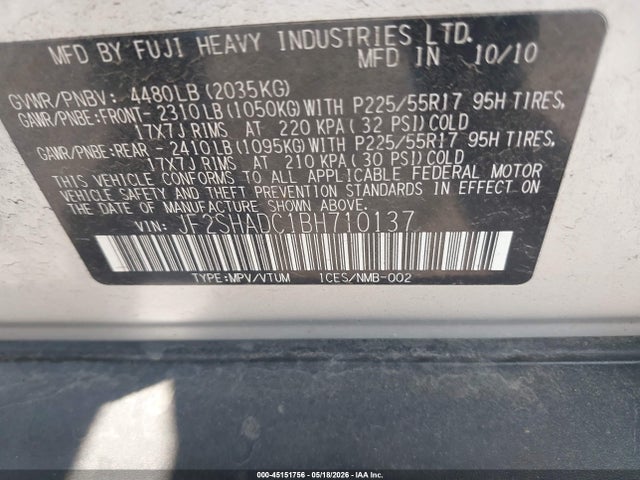 2011 Subaru Forester 2.5x Premium მანქანა იყიდება აუქციონზე, vin: JF2SHADC1BH710137, აუქციონის ნომერი: 45151756