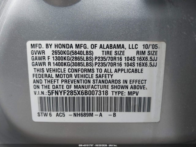 Aukcja sprzedaży 2006 Honda Pilot Ex-l, vin: 5FNYF285X6B007318, numer aukcji: 45151757