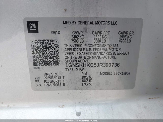 45151758 :رقم المزاد ، 1GNSKHKC5JR390736 vin ، 2018 Chevrolet Suburban Lt مزاد بيع