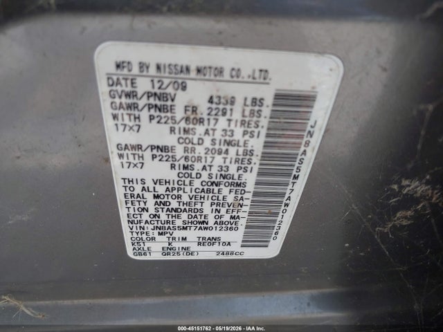 45151762 :رقم المزاد ، JN8AS5MT7AW012360 vin ، 2010 Nissan Rogue Sl مزاد بيع