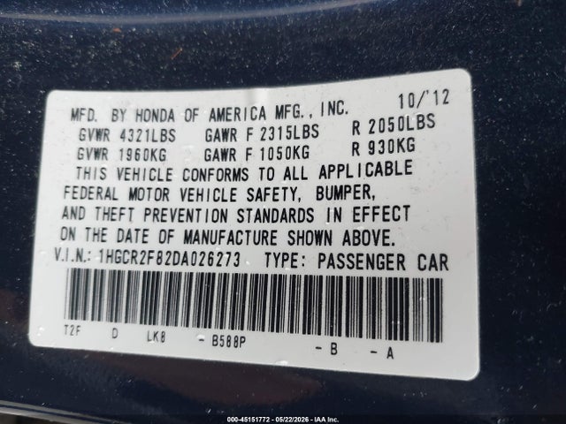 2013 Honda Accord Ex-l მანქანა იყიდება აუქციონზე, vin: 1HGCR2F82DA026273, აუქციონის ნომერი: 45151772