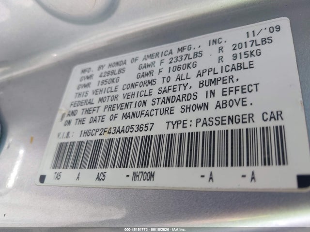 2010 Honda Accord 2.4 Lx-p მანქანა იყიდება აუქციონზე, vin: 1HGCP2F43AA053657, აუქციონის ნომერი: 45151773