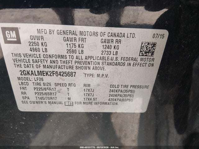 Aukcja sprzedaży 2015 Gmc Terrain Sle-1, vin: 2GKALMEK2F6425687, numer aukcji: 45151775