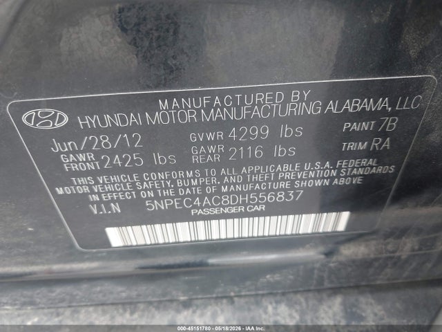 2013 Hyundai Sonata Limited მანქანა იყიდება აუქციონზე, vin: 5NPEC4AC8DH556837, აუქციონის ნომერი: 45151780