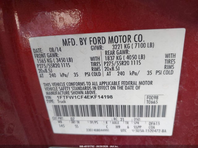45151782 :رقم المزاد ، 1FTFW1CF4EKF14198 vin ، 2014 Ford F-150 Stx مزاد بيع