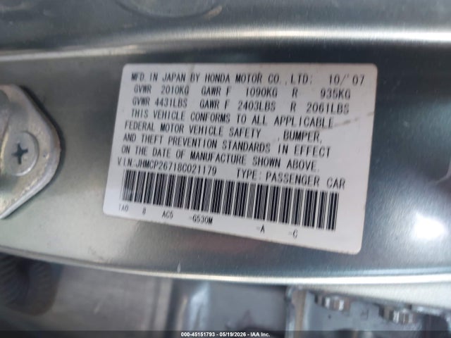 Aukcja sprzedaży 2008 Honda Accord 2.4 Ex, vin: JHMCP26718C021179, numer aukcji: 45151793
