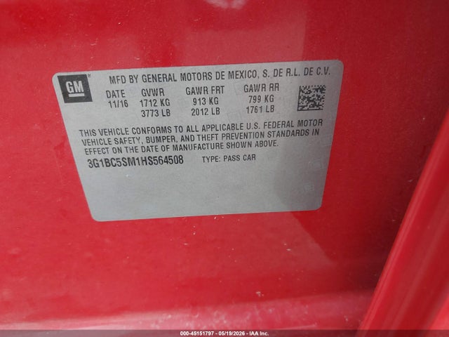 Продаж на аукціоні авто 2017 Chevrolet Cruze Ls Auto, vin: 3G1BC5SM1HS564508, номер лоту: 45151797