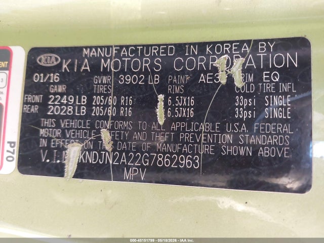 Продажа на аукционе авто 2016 Kia Soul, vin: KNDJN2A22G7862963, номер лота: 45151799