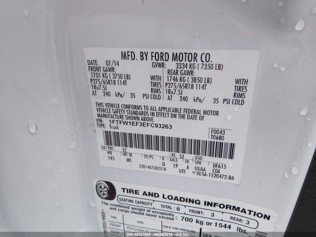 Продажа на аукционе авто 2014 Ford F-150 Xlt, vin: 1FTFW1EF3EFC93263, номер лота: 45151804