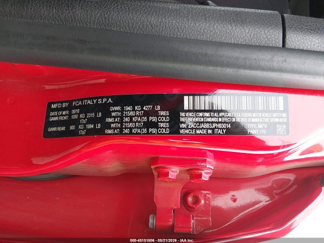 Aukcja sprzedaży 2018 Jeep Renegade Latitude Fwd, vin: ZACCJABB3JPH93014, numer aukcji: 45151806