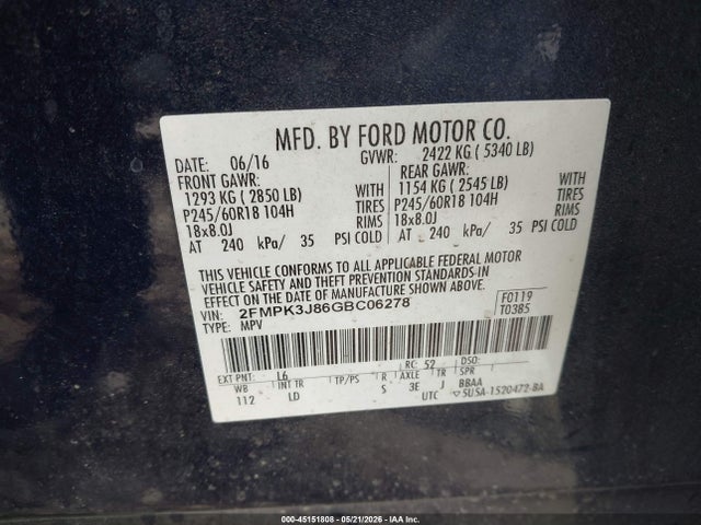 Продаж на аукціоні авто 2016 Ford Edge Sel, vin: 2FMPK3J86GBC06278, номер лоту: 45151808