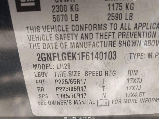 45151812 :رقم المزاد ، 2GNFLGEK1F6140103 vin ، 2015 Chevrolet Equinox 2lt مزاد بيع