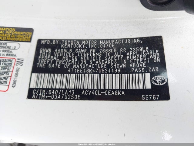 Aukcja sprzedaży 2007 Toyota Camry Xle, vin: 4T1BE46K47U524499, numer aukcji: 45151825