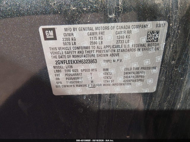 45151827 :رقم المزاد ، 2GNFLEEKXH6323863 vin ، 2017 Chevrolet Equinox Ls مزاد بيع