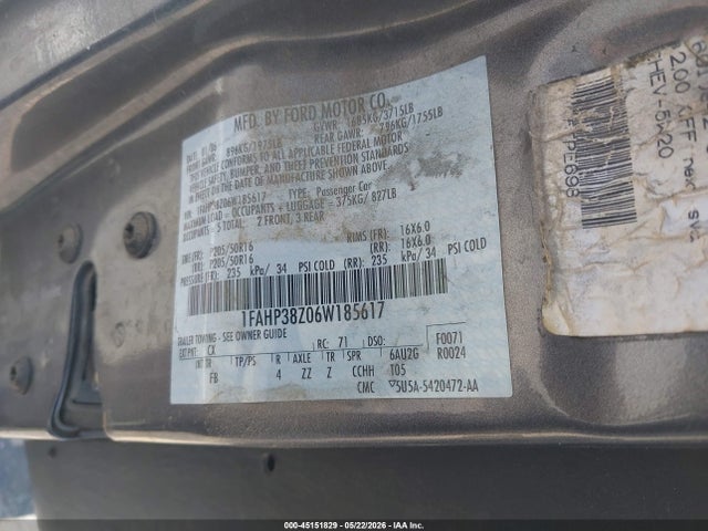 2006 Ford Focus Zx4 მანქანა იყიდება აუქციონზე, vin: 1FAHP38Z06W185617, აუქციონის ნომერი: 45151829